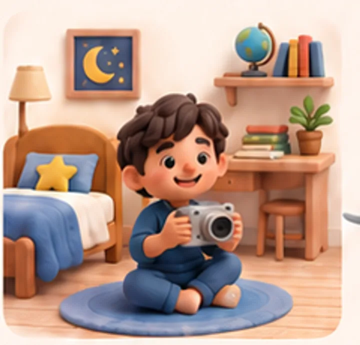 Clay illustration of a child holding a camera in a furnished bedroom.